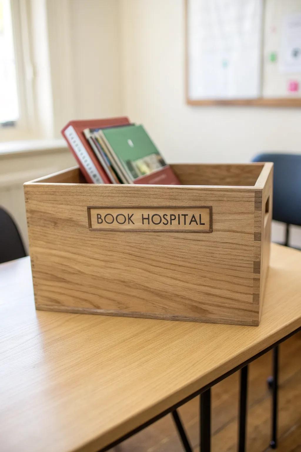 A labeled “Book Hospital” bin at the return spot keeps damaged books from slipping back on shelves.