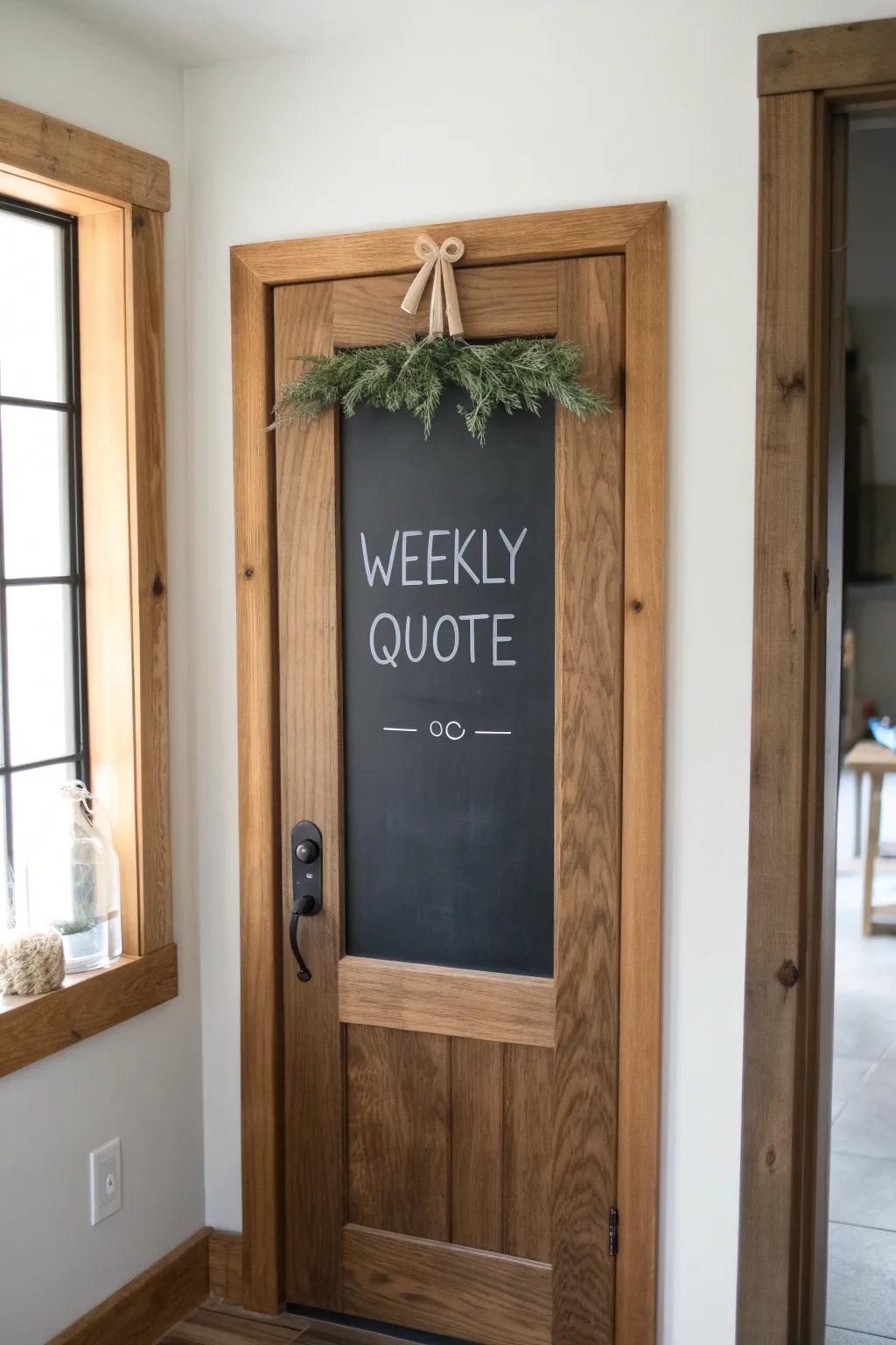 Farmhouse chalkboard door panel with reclaimed wood trim—fresh weekly quotes, always tidy.