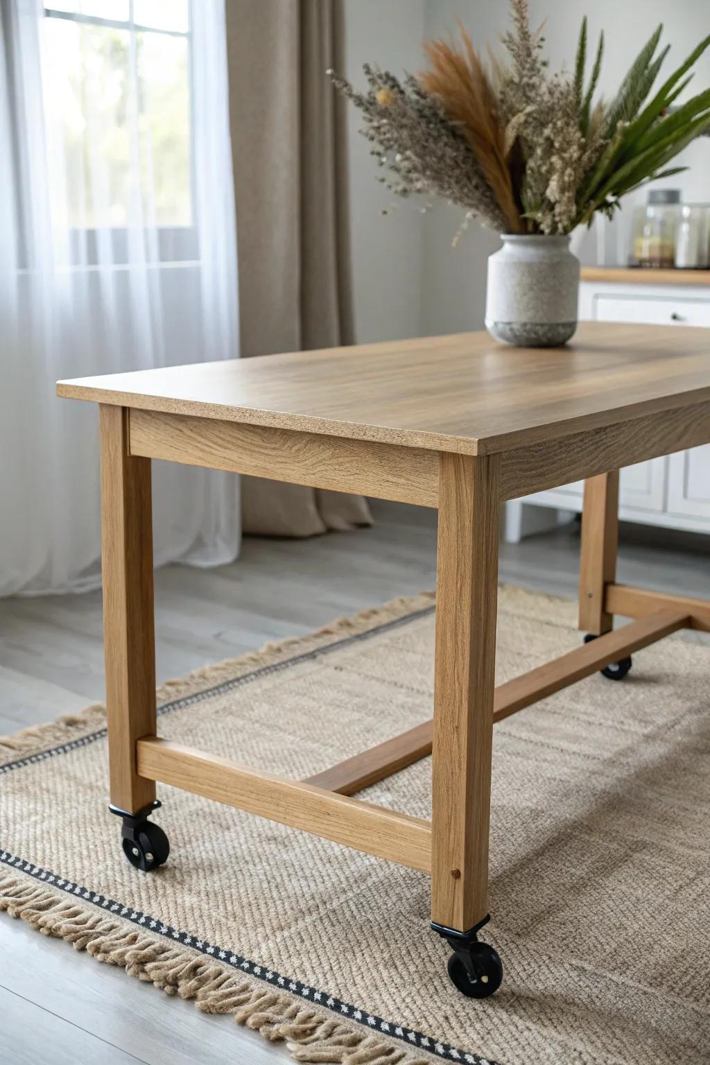 Locking-caster wood table: reconfigure rows to pods in seconds—flexible, fast, beautiful.
