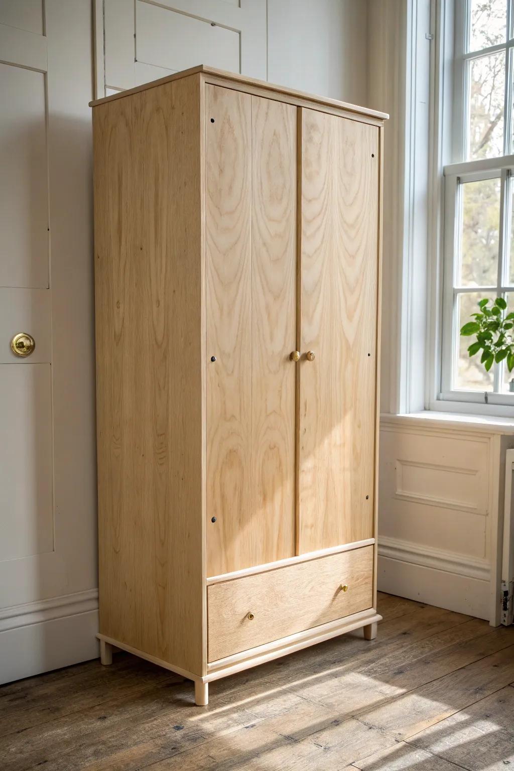 A grow-with-them kids closet: adjustable rod and shelves in warm birch for years of use.