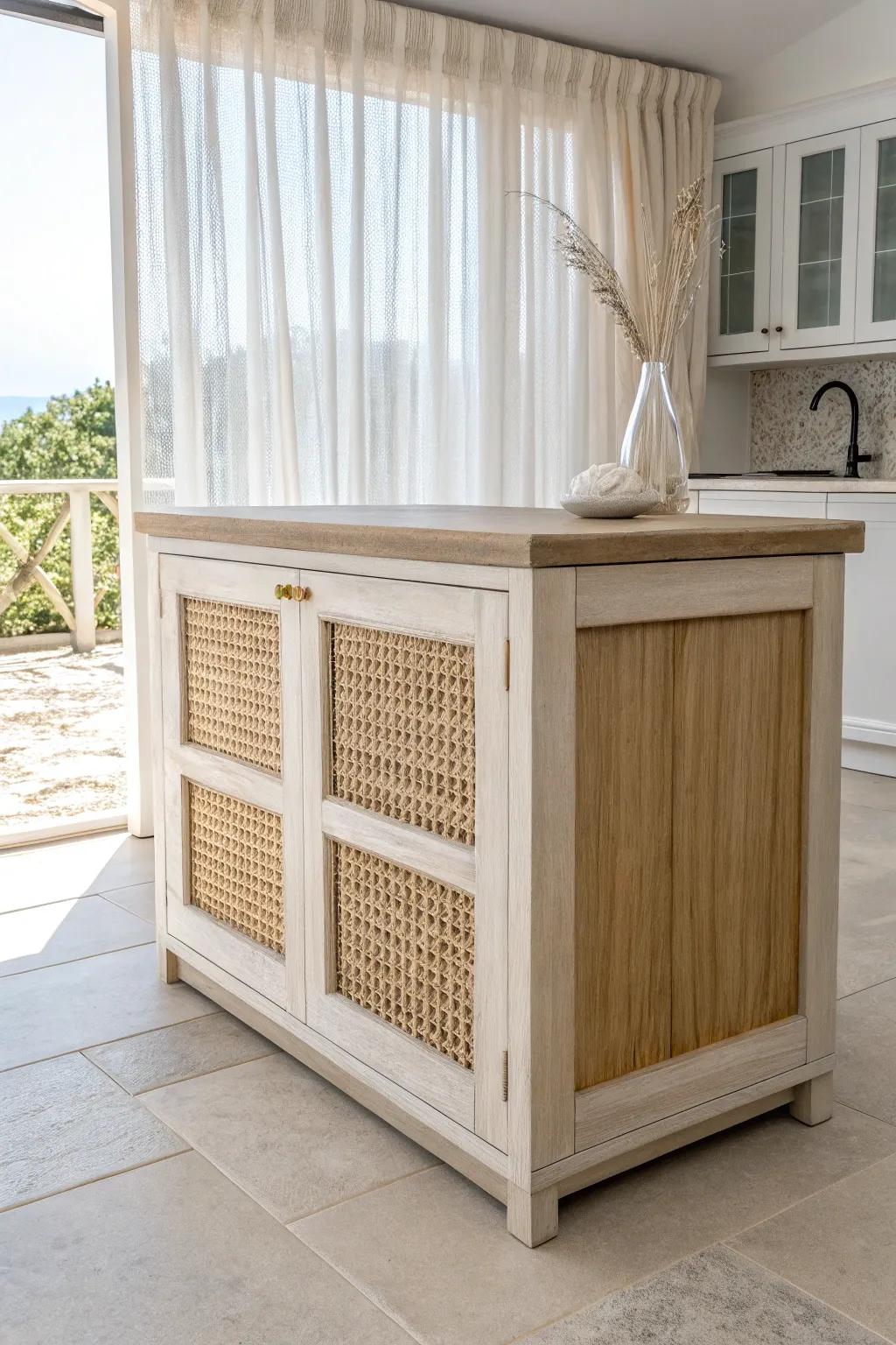 Cane-webbing island panels add boutique coastal texture—minimal, warm, and beautifully crafted.