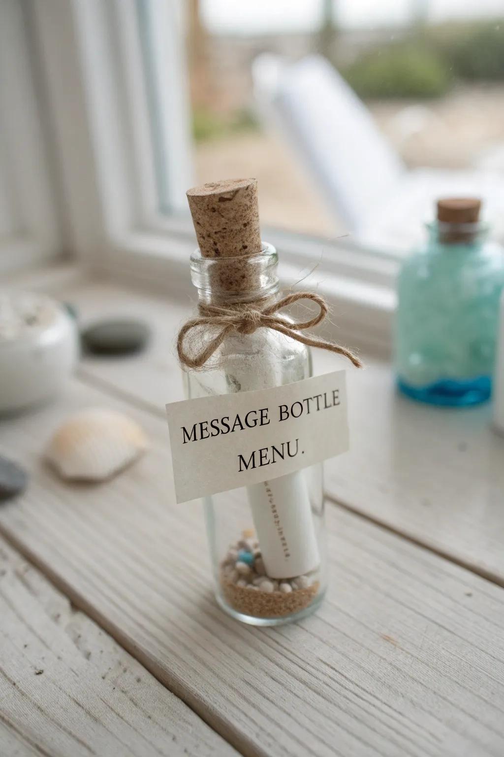 Mini message-bottle menus: a simple coastal detail that makes every place setting feel special.