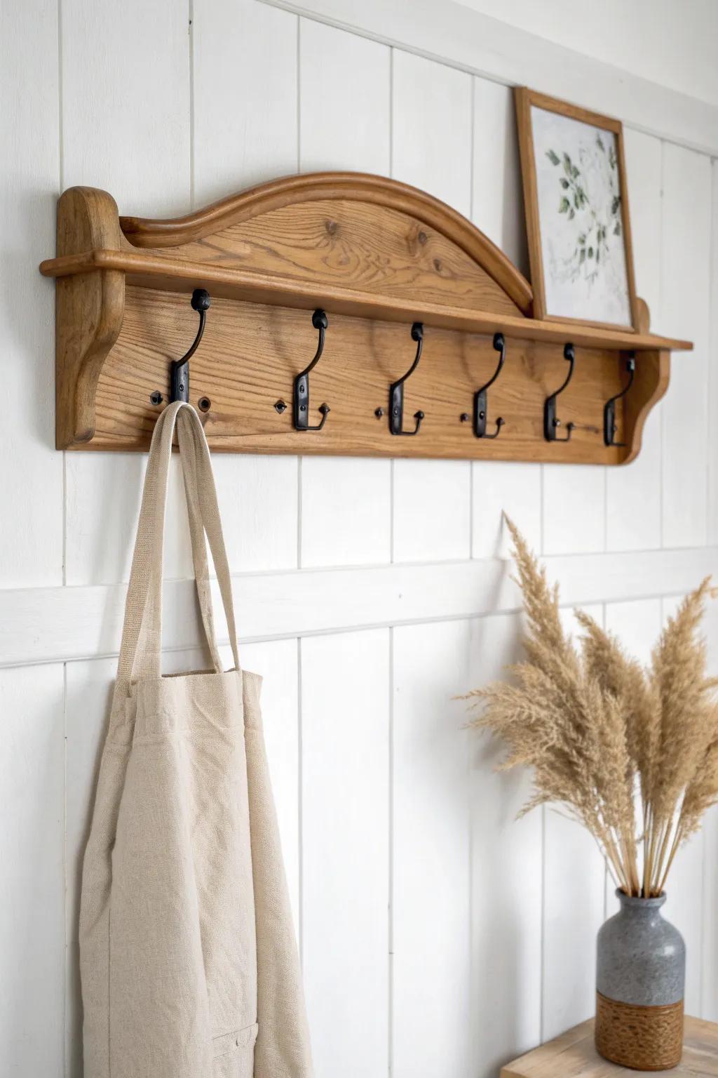 Upcycled headboard rail coat rack—vintage curves, warm wood grain, and sleek brass hooks.