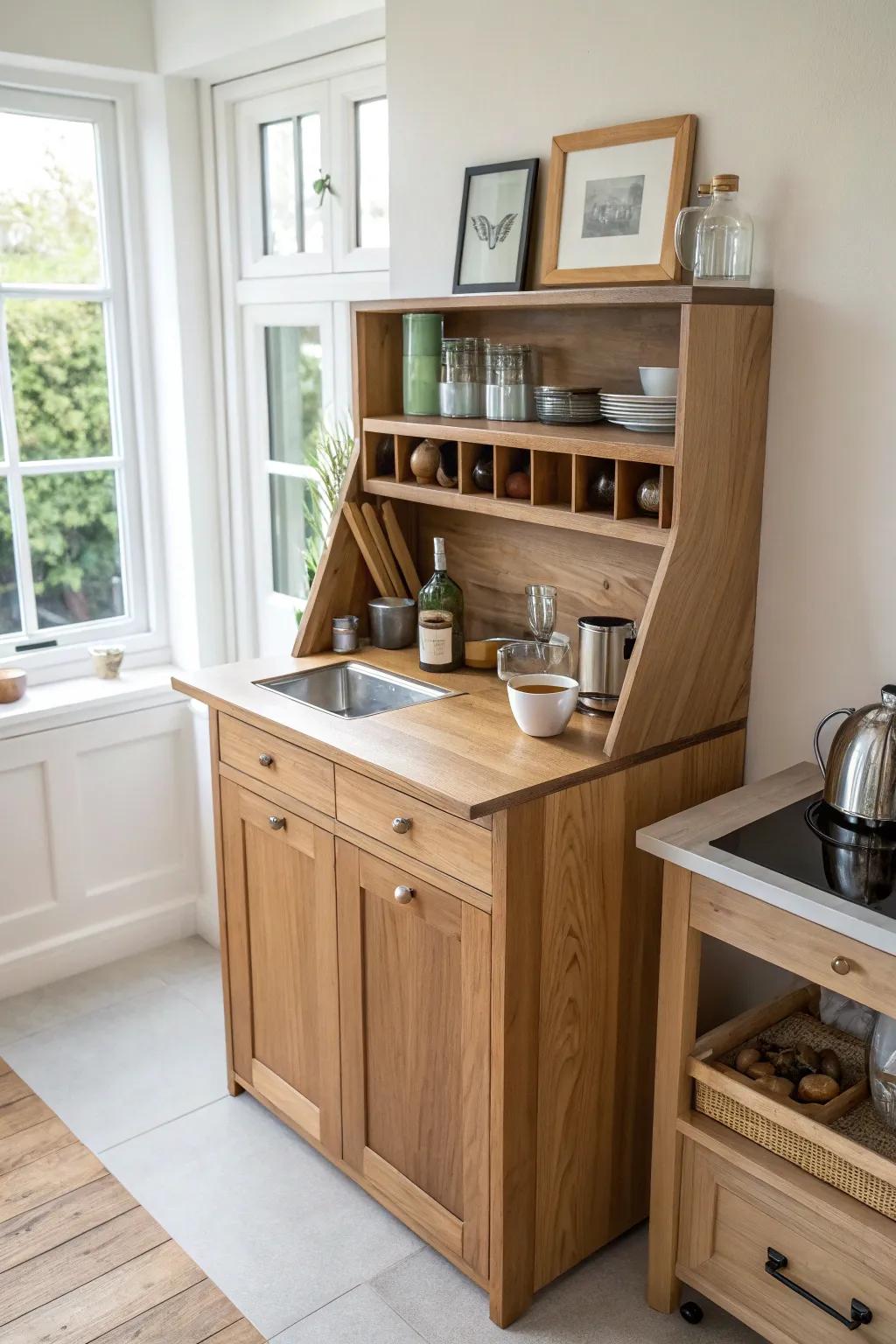 A clean coffee station on top—lift the lid to reveal a hidden cocktail prep bar beneath.