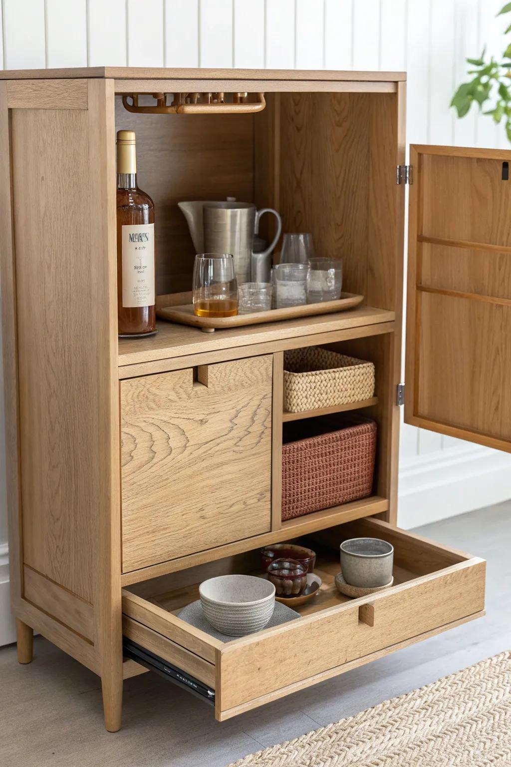 A hidden flip-top cabinet that opens into a sleek coffee + liquor bar—minimal, warm, and wow.