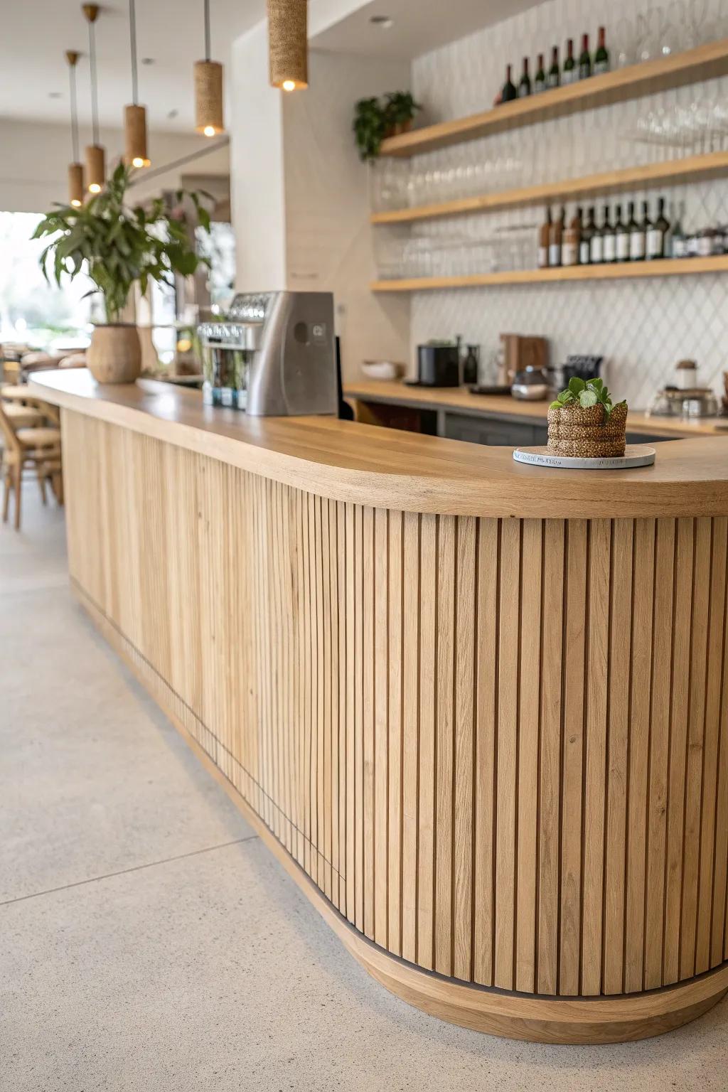 A softly curved oak bar corner—warm, welcoming, and built to handle busy coffee rushes.