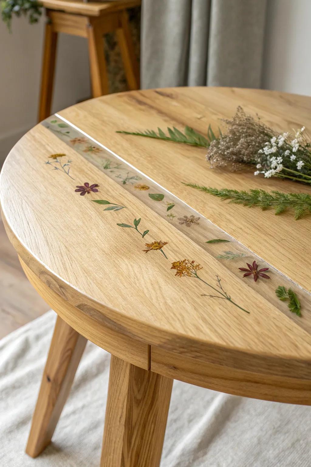 Oak tabletop with crystal-clear resin inlay and pressed botanicals—made to spark conversation.