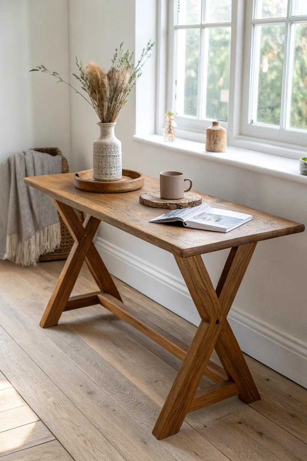 Chunky trestle-base coffee station table—minimal, warm-stained wood with heirloom charm.