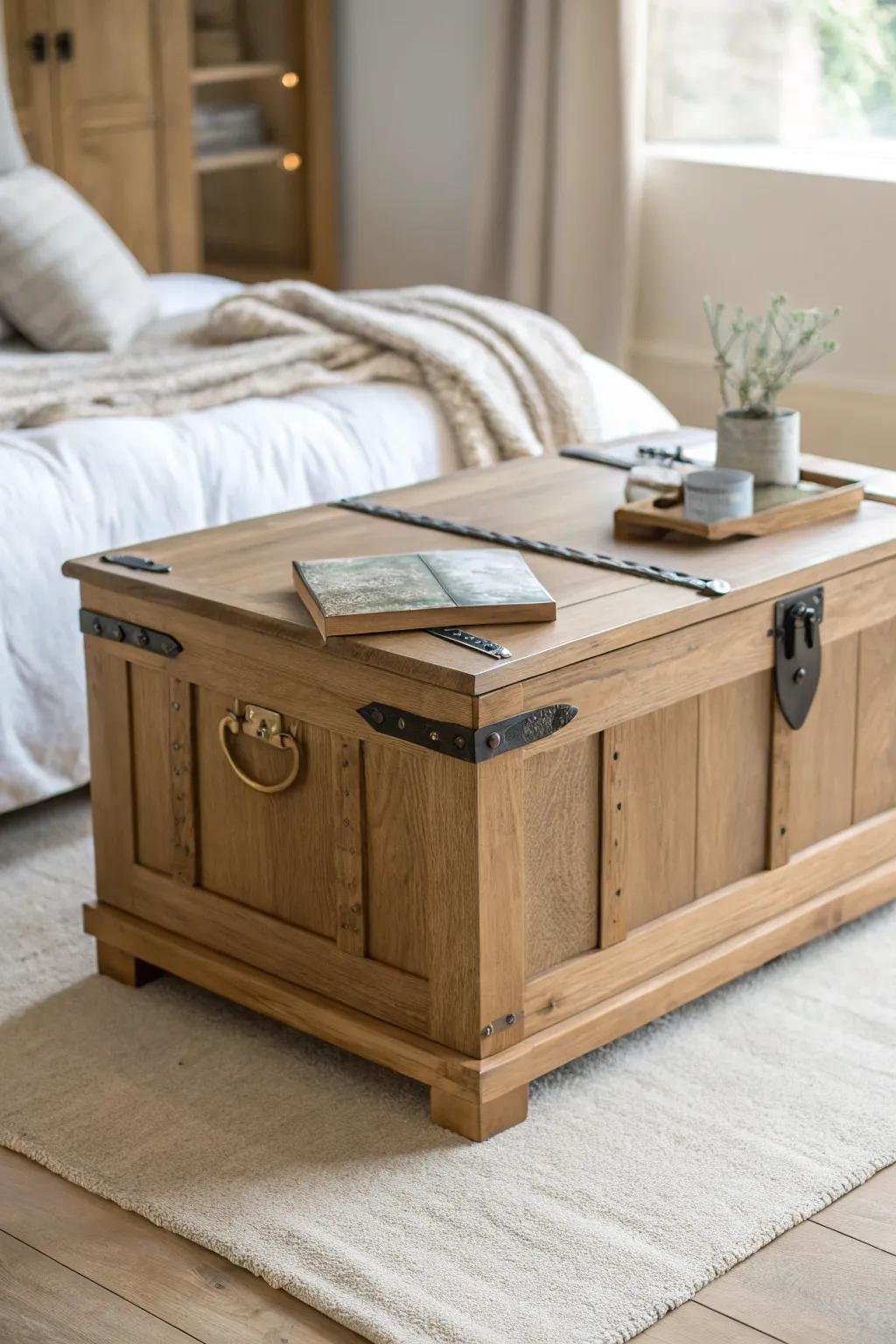 A trunk-style bedroom coffee table that hides extra linens while staying beautifully minimal.