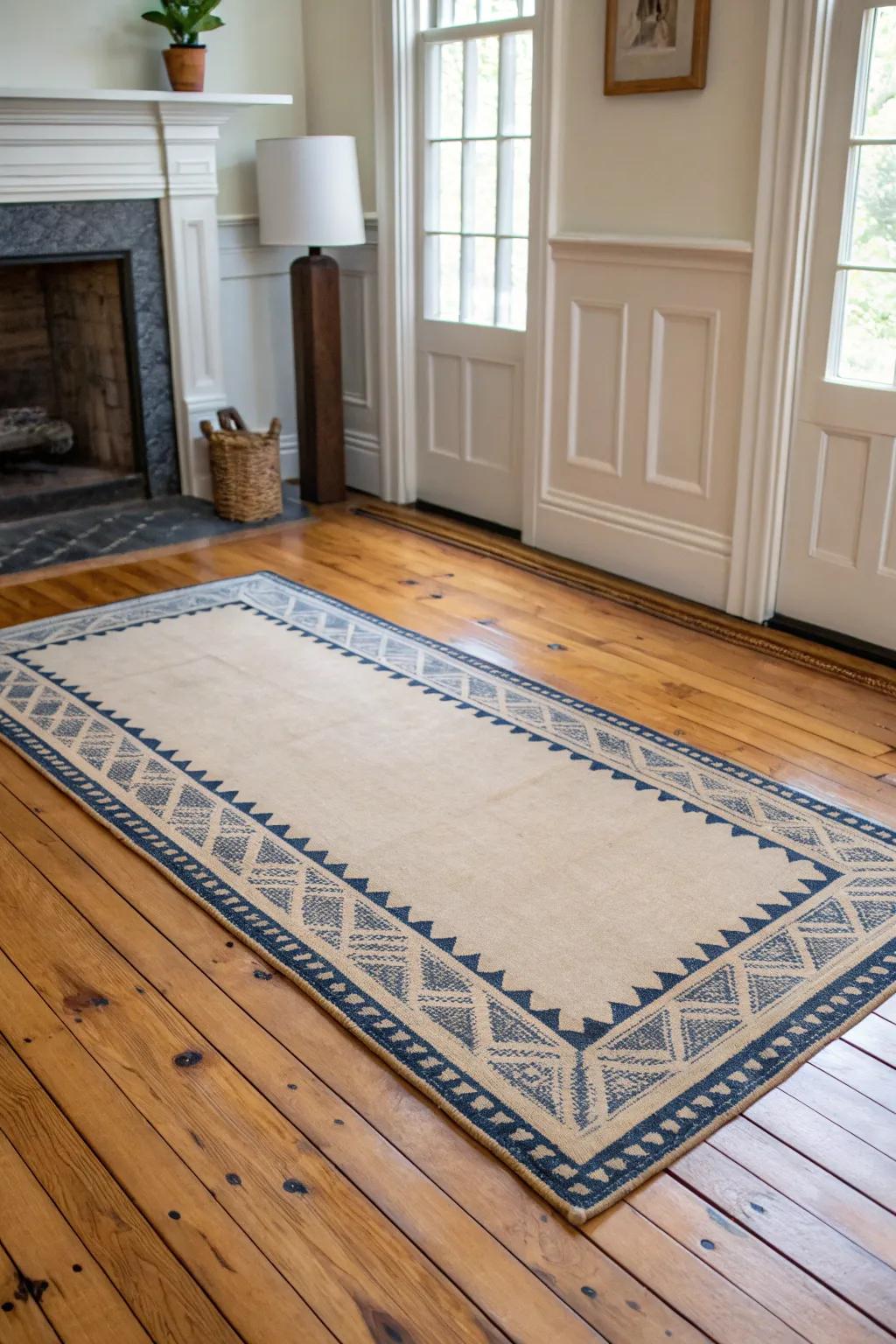 Wipe-clean charm: a hand-painted colonial floorcloth with a simple border brings instant character.