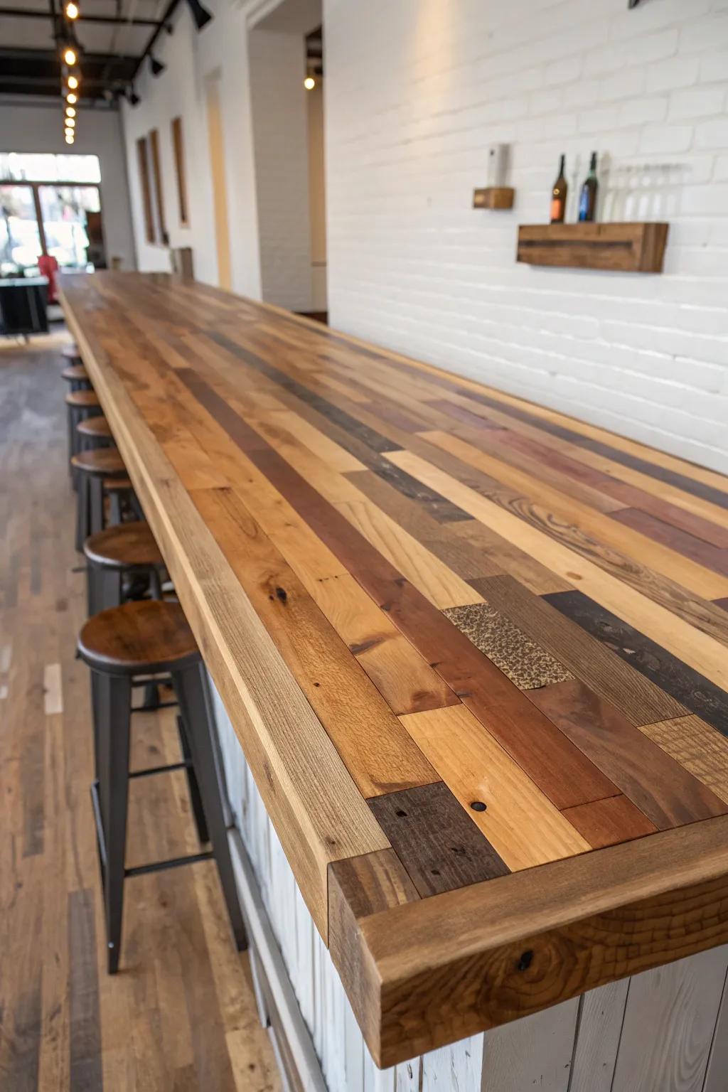Reclaimed wood patchwork bar top—rustic character sealed under a flawless, wipe-clean finish.