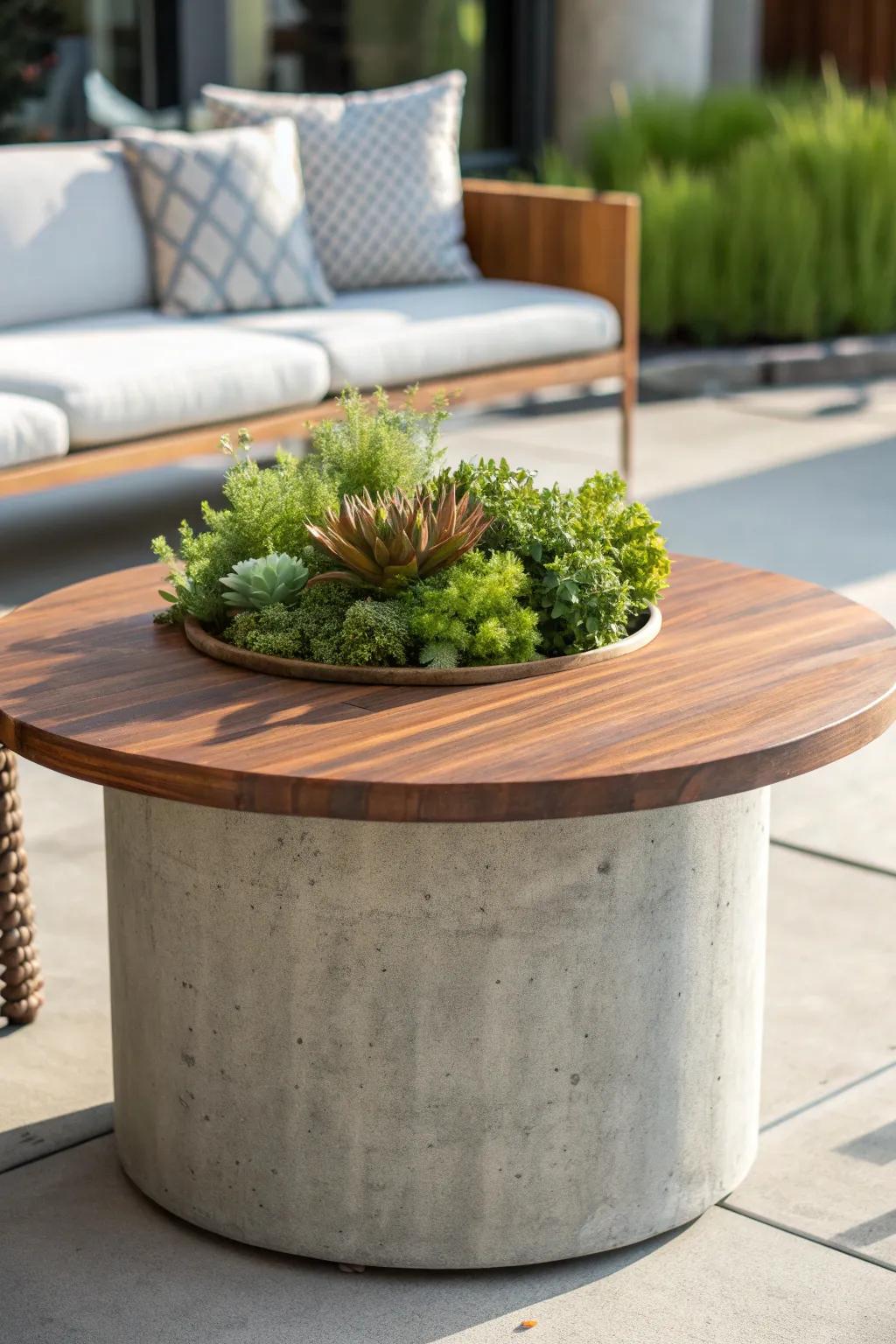 Elevate your outdoor dining with the modern elegance of a concrete planter table.
