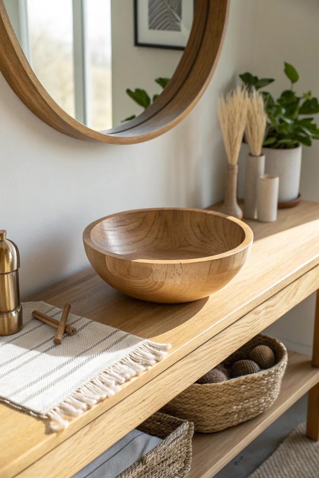A simple wooden bowl under the mirror—your prettiest landing spot for keys and coins.