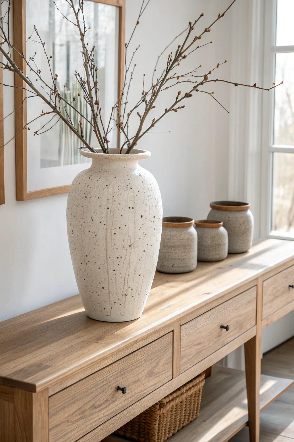 One oversized statement vase + a few simple branches = calm, minimal console table style.