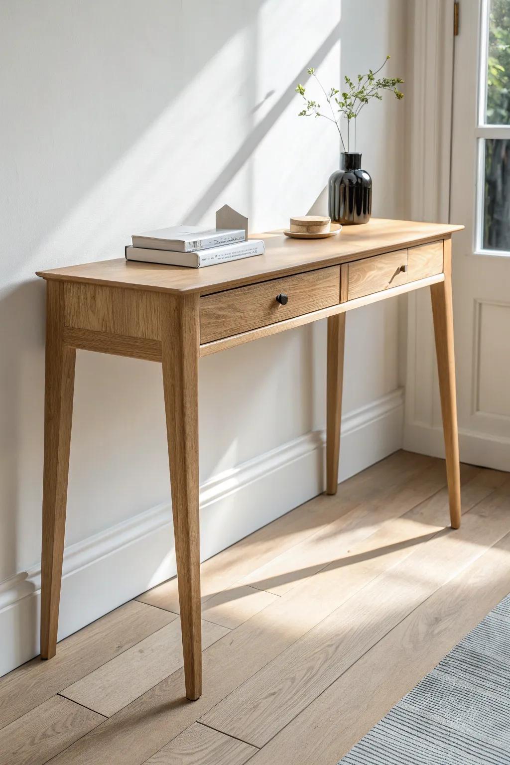 Super-slim bedroom console that mimics a floating shelf—style without stealing floor space.