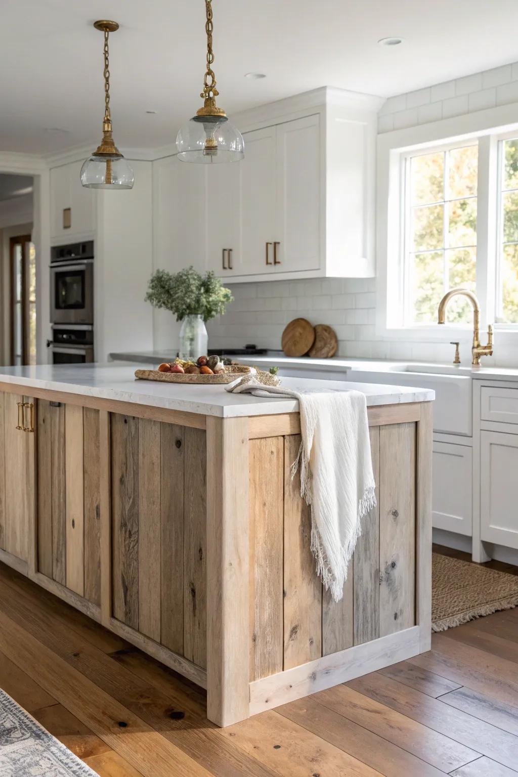 Reclaimed wood end panels add a warm, handcrafted contrast to a sleek white island.