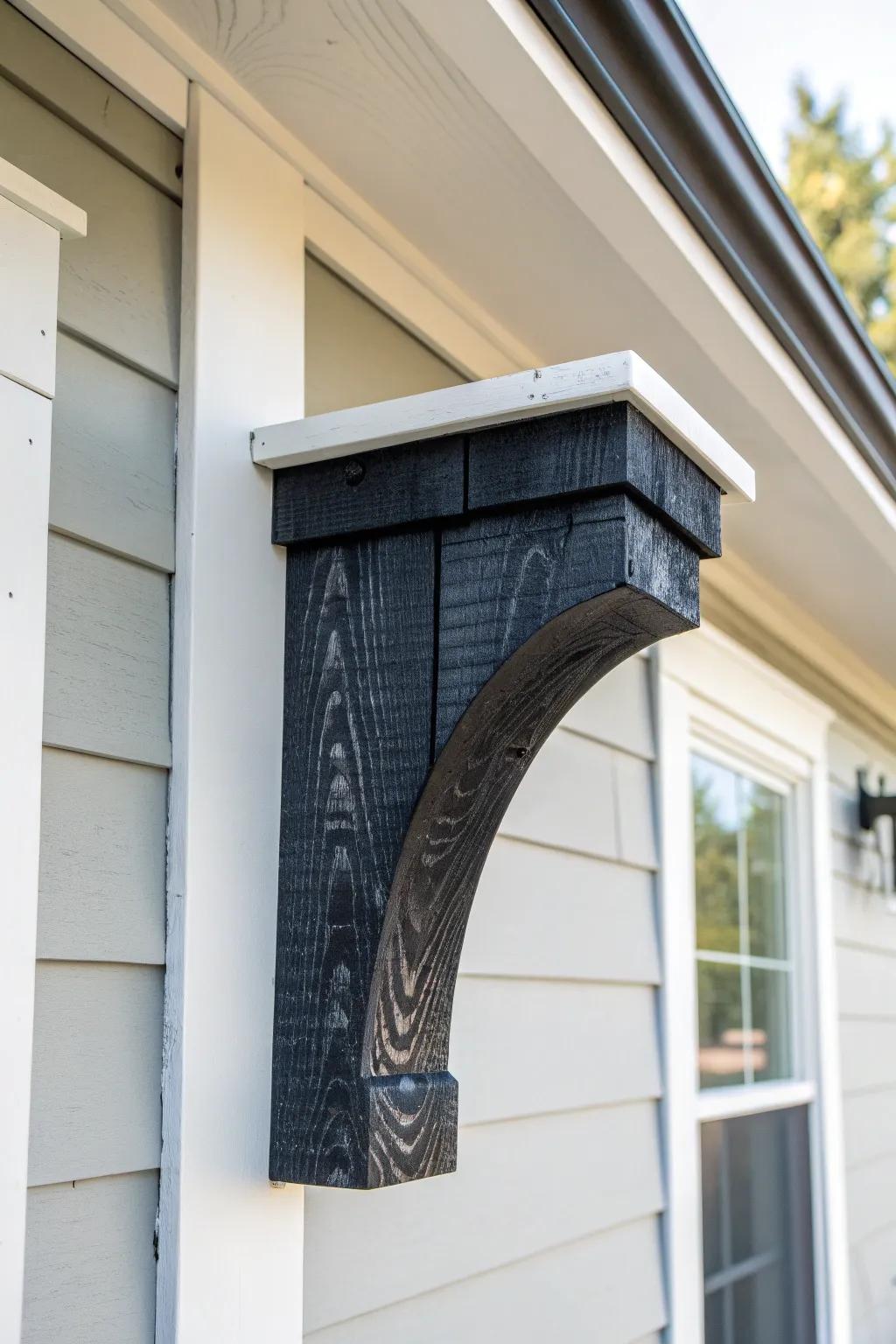 Shou sugi ban charred-wood corbel—bold black texture that makes crisp white eaves pop.