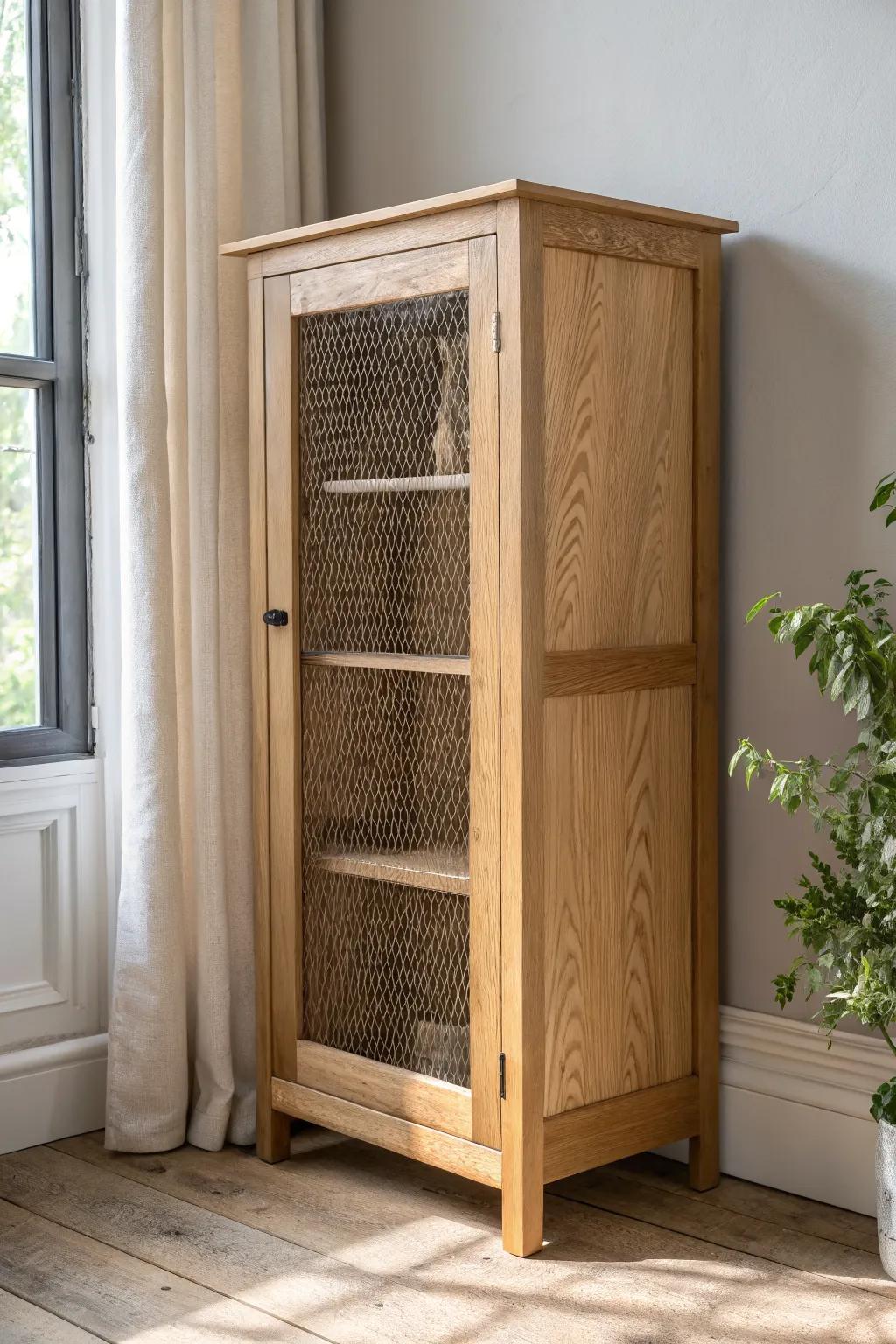 Light oak corner door with brass wire mesh—airy texture, clean lines, crafted warmth.