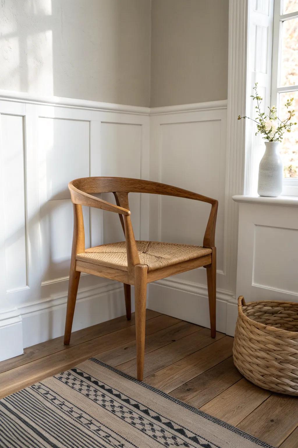 A warm oak corner chair with a tiny ledge above—simple, calm, and ready for mornings.