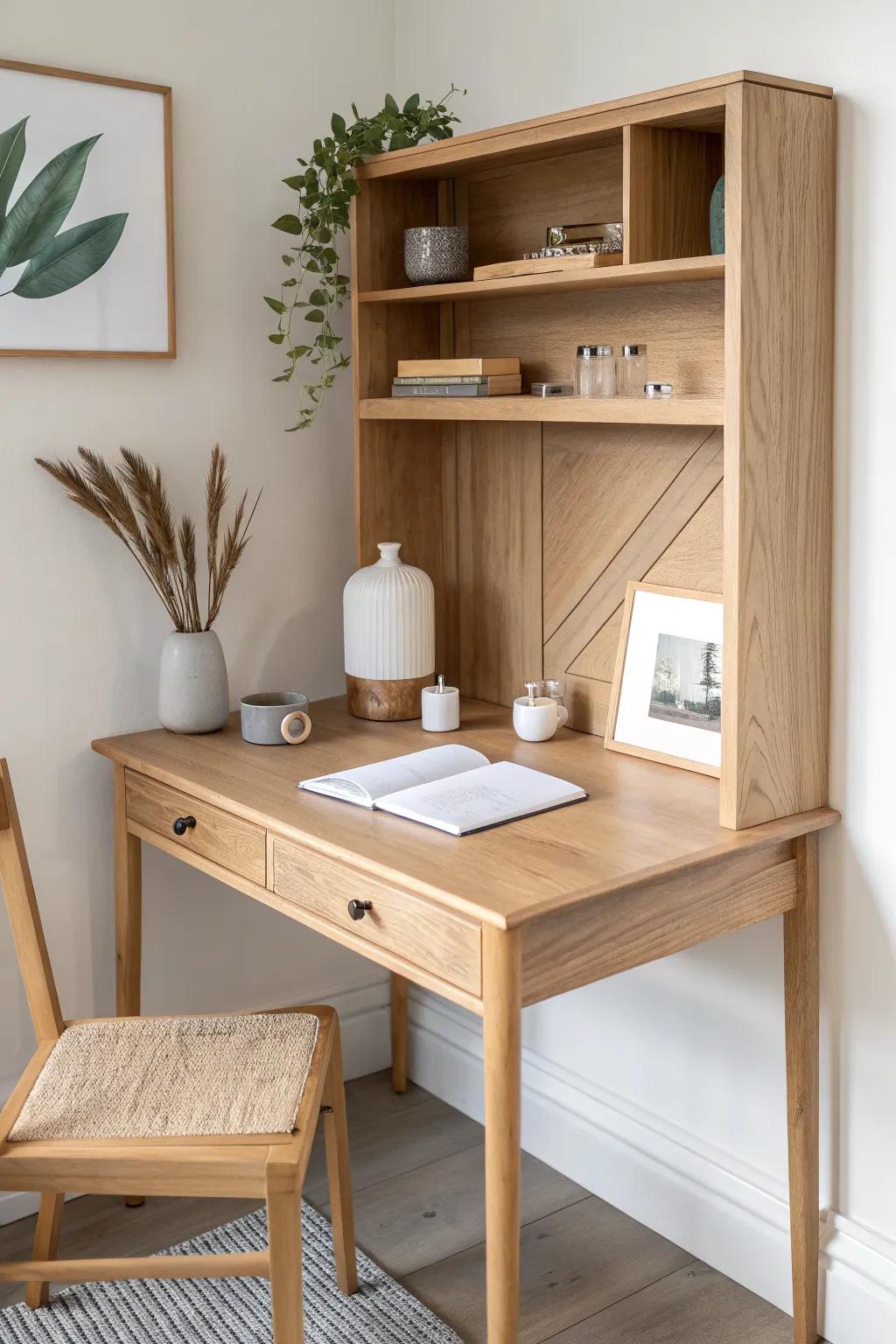 A flush hinged corner shelf hides chargers neatly—clean lines, warm oak, zero cord clutter.