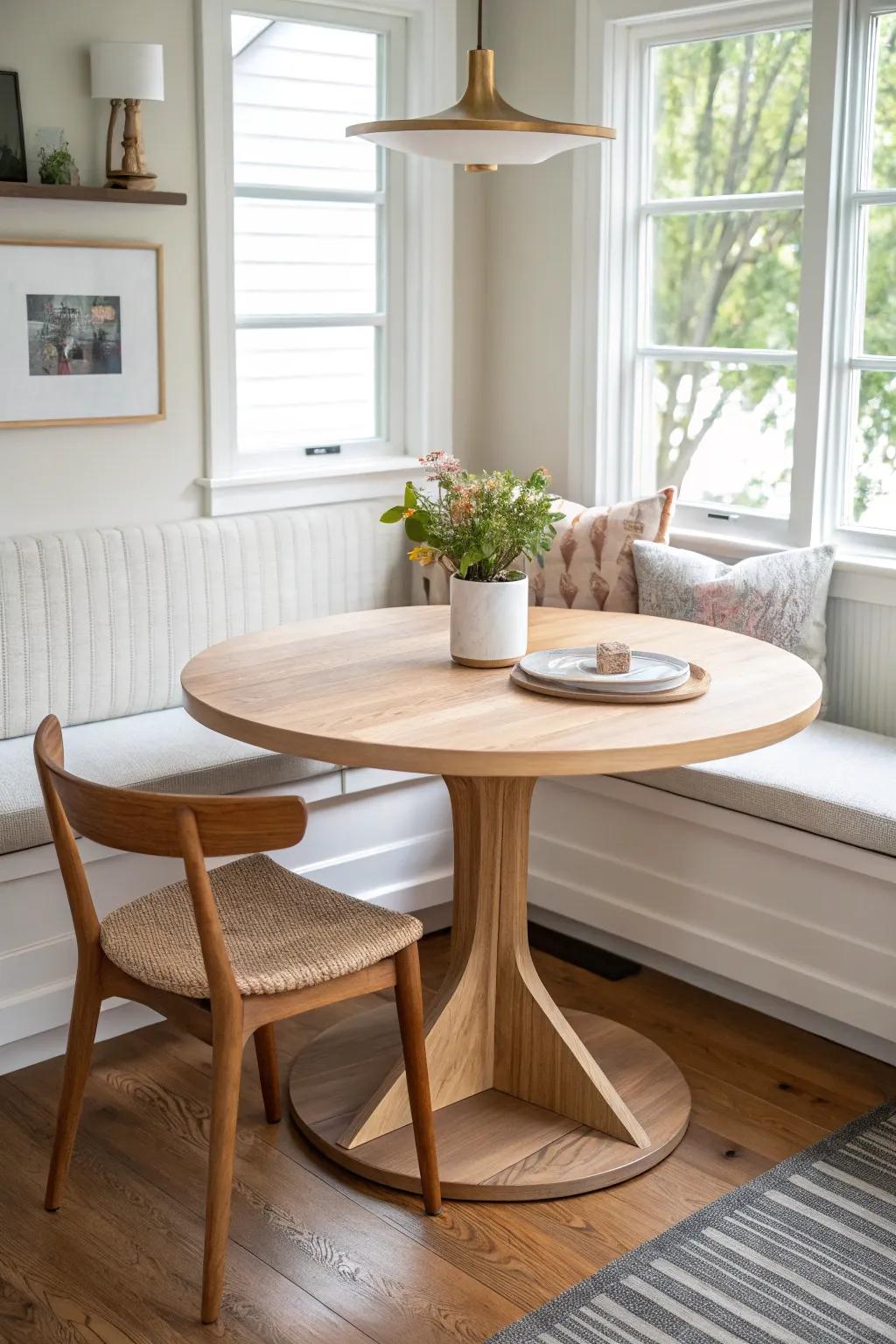 A round oak top paired with a curved corner banquette—sleek, cozy, and easy to slide into.