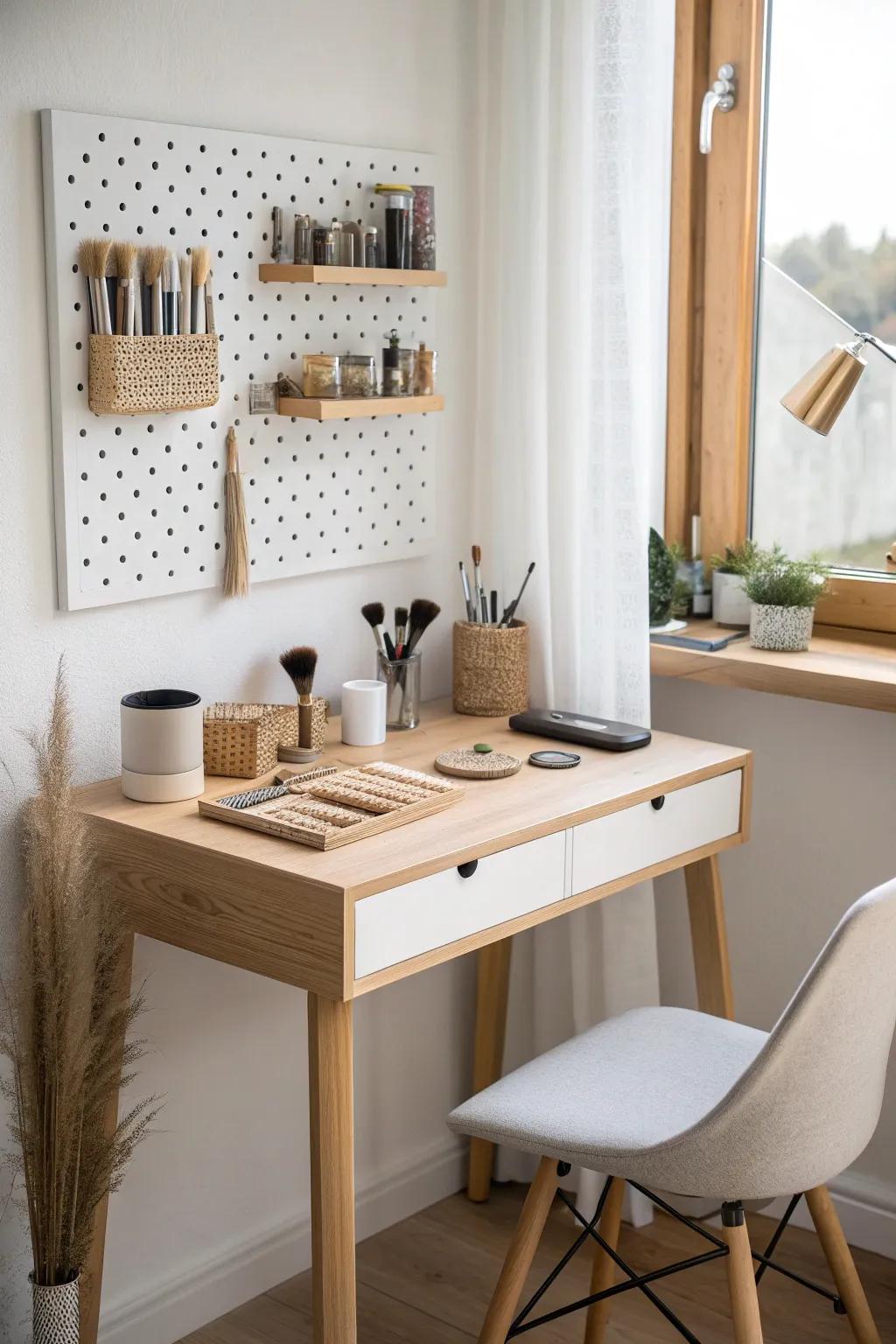 Corner pegboard vanity wall: keep tools tidy while the station looks calm and curated.