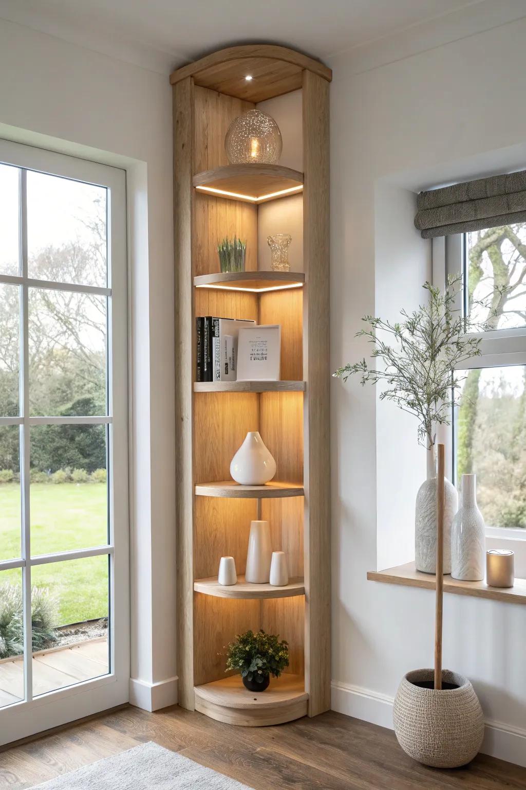Warm LED-lit oak corner shelves turn simple storage into a cozy gallery-style display.