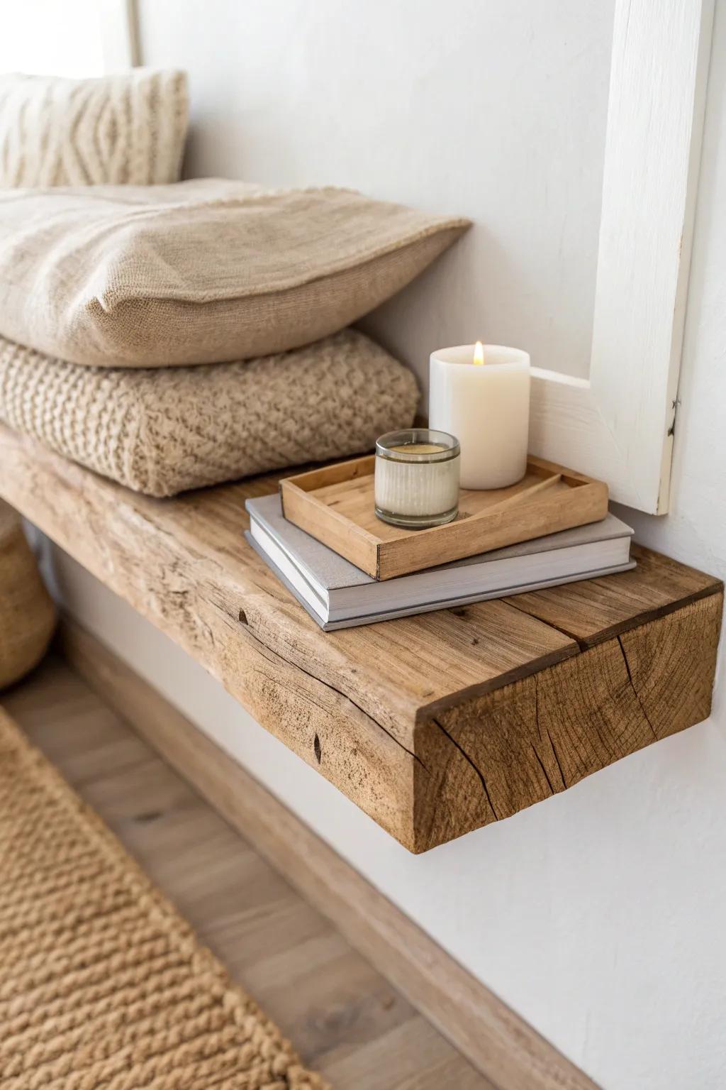 Reclaimed-wood floating corner shelf above soft floor cushions—minimal Scandinavian calm with boho warmth.