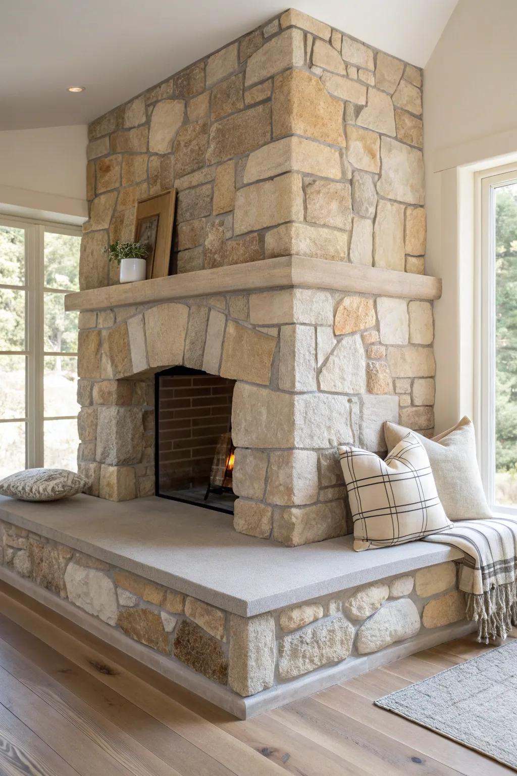 A wraparound hearth turns a corner stone fireplace into the coziest conversation spot.