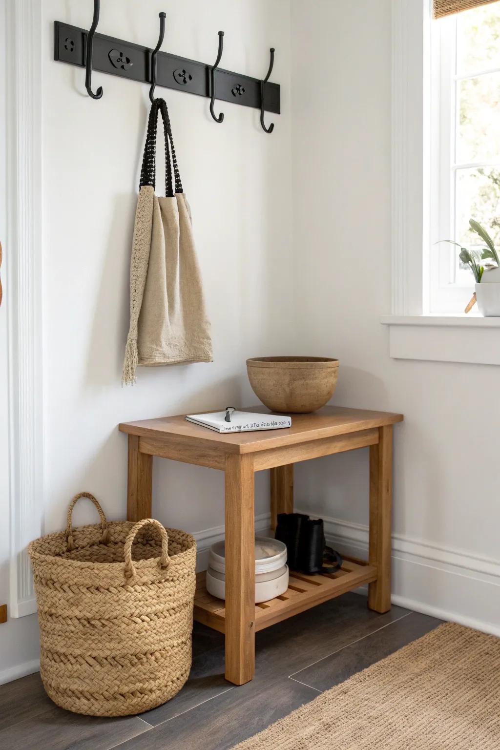 Mini drop zone magic: wall hooks above a corner table keep busy mornings beautifully organized.