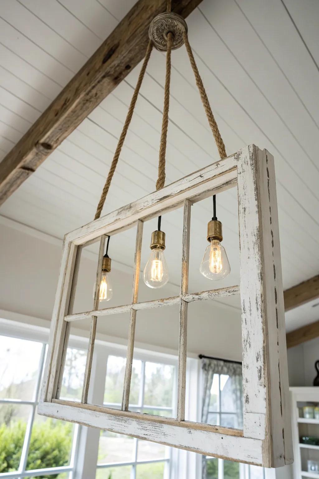 A salvaged window frame chandelier—warm bulbs, weathered wood, and cottage character.