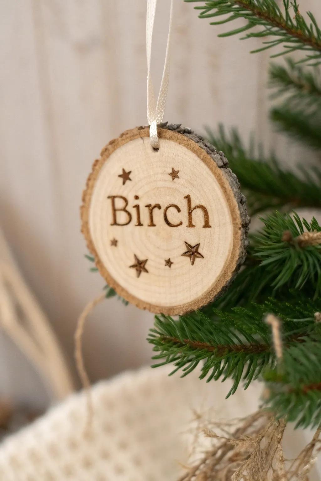 Hand-burned wood slice ornament with a name and tiny stars—simple, cozy cottage charm.