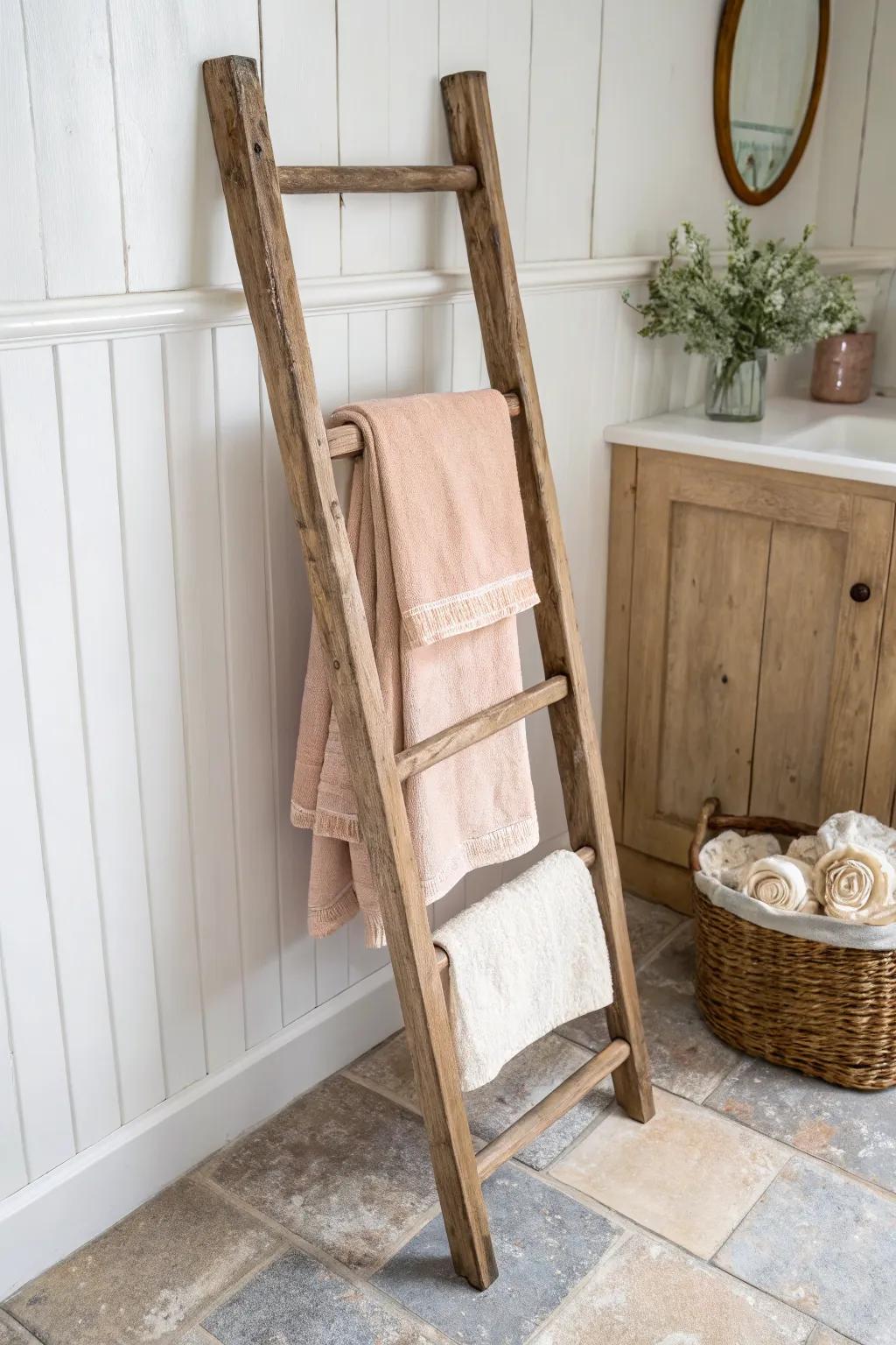 DIY reclaimed wood ladder rack—airy cottagecore towel storage with clean Scandinavian charm.
