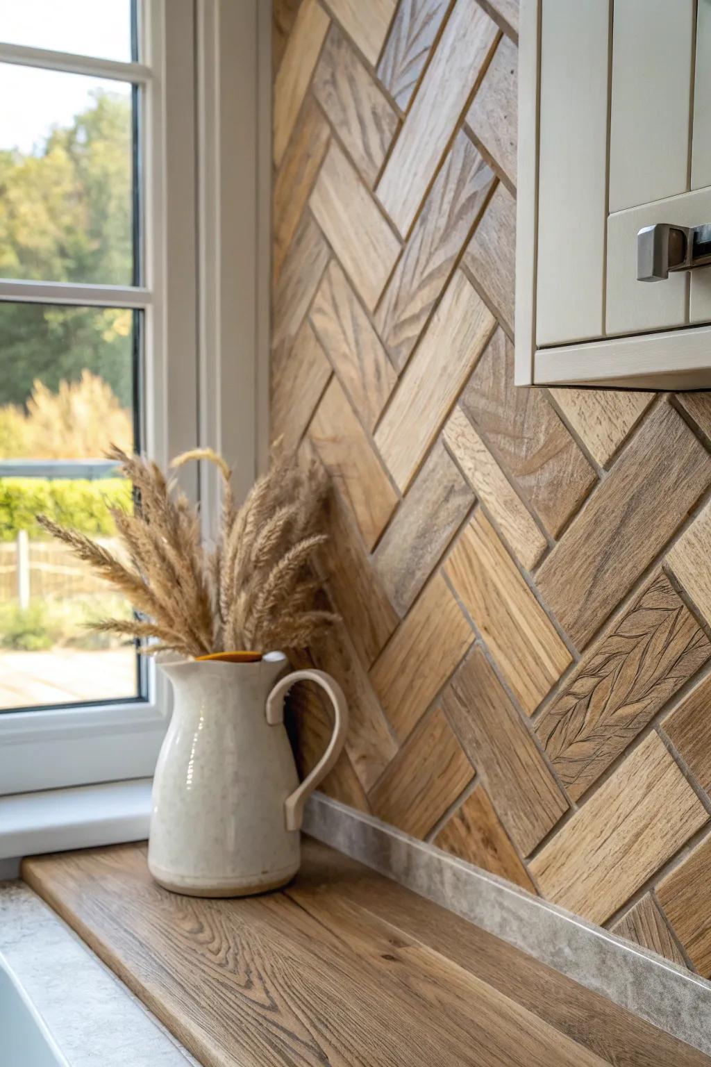 Rustic herringbone wood-look tile—cottage warmth with splash-proof durability.