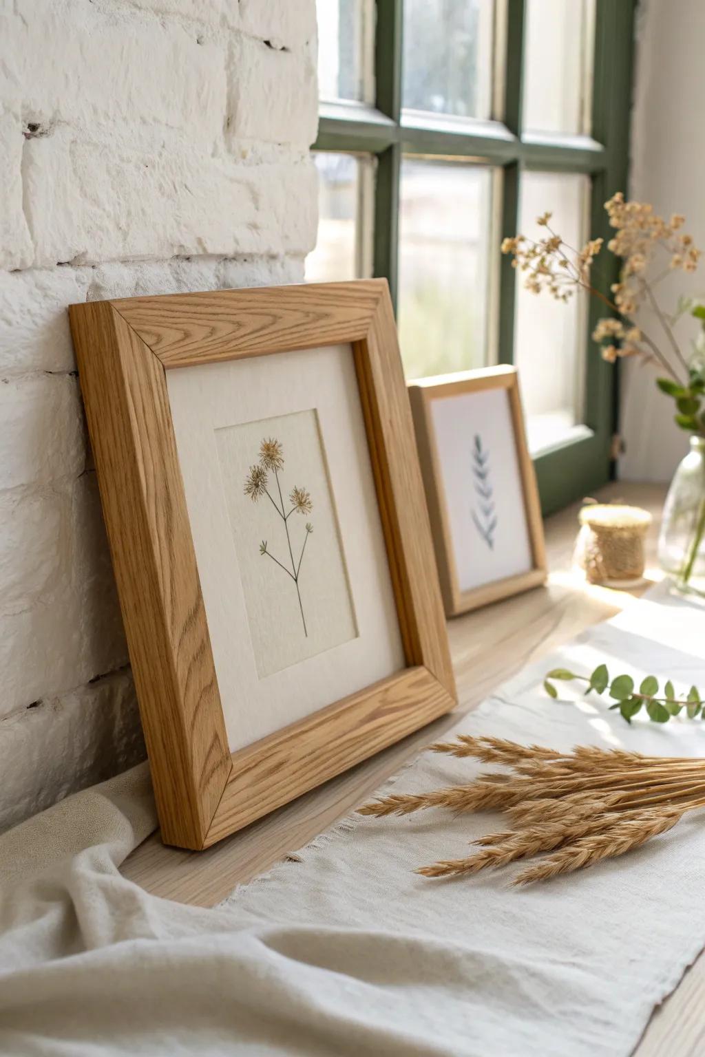 A simple handmade wood frame brings cottage-gallery charm—warm grain, soft light, vintage soul.