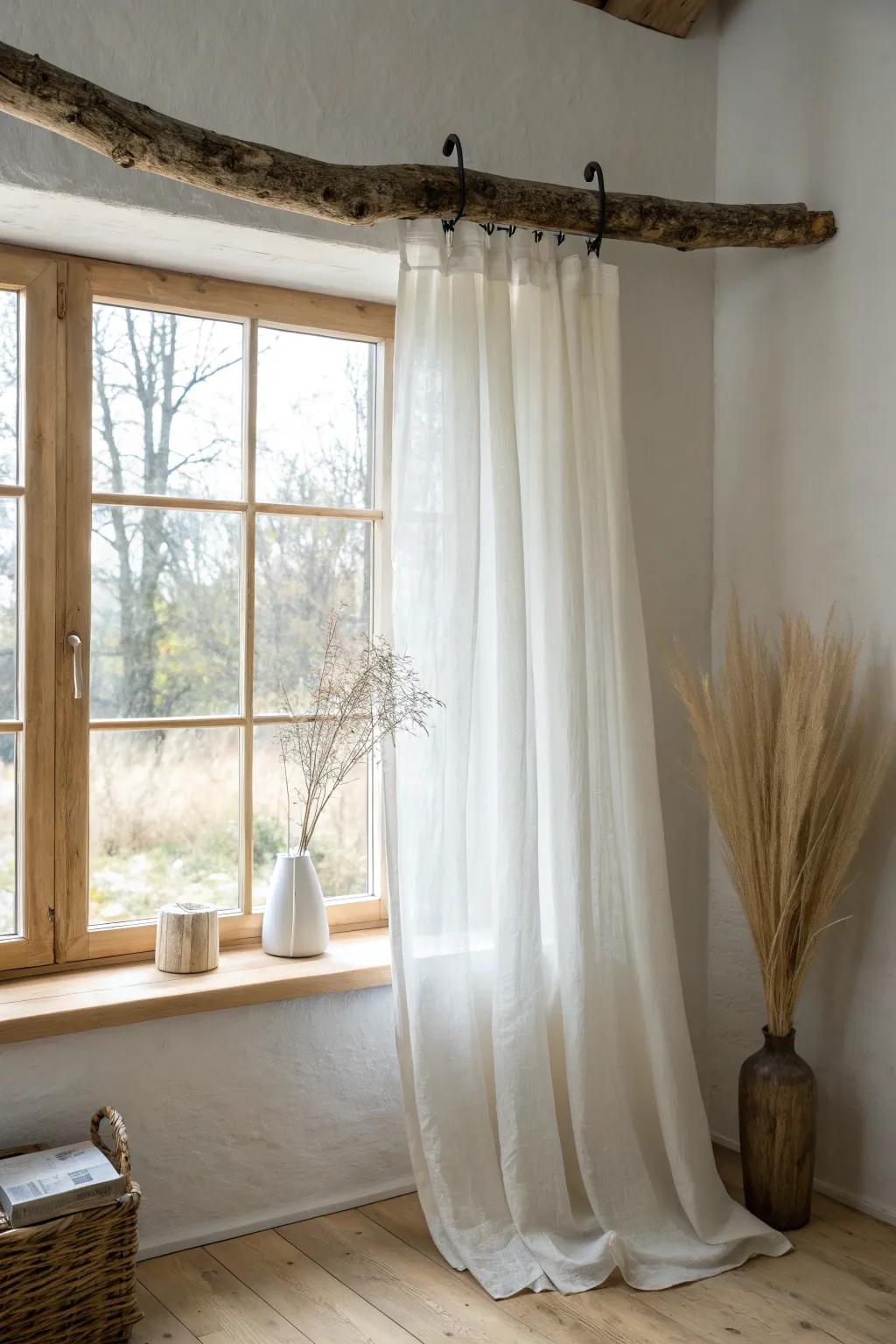 A simple tree-branch curtain rod adds fairy-tale woodland texture to minimalist cottage windows.