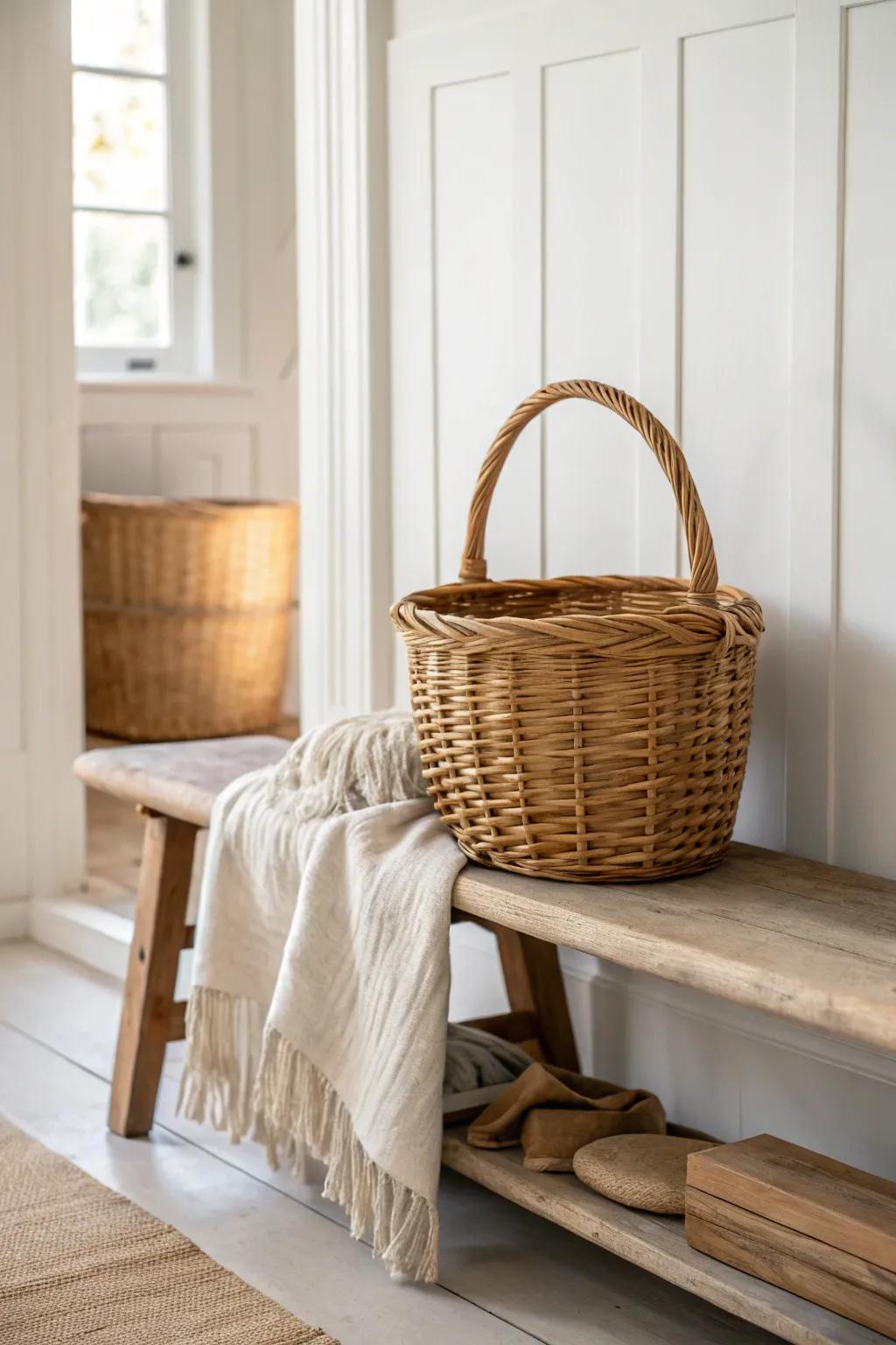 A warm wicker basket adds cottage charm while keeping everyday clutter beautifully tucked away.