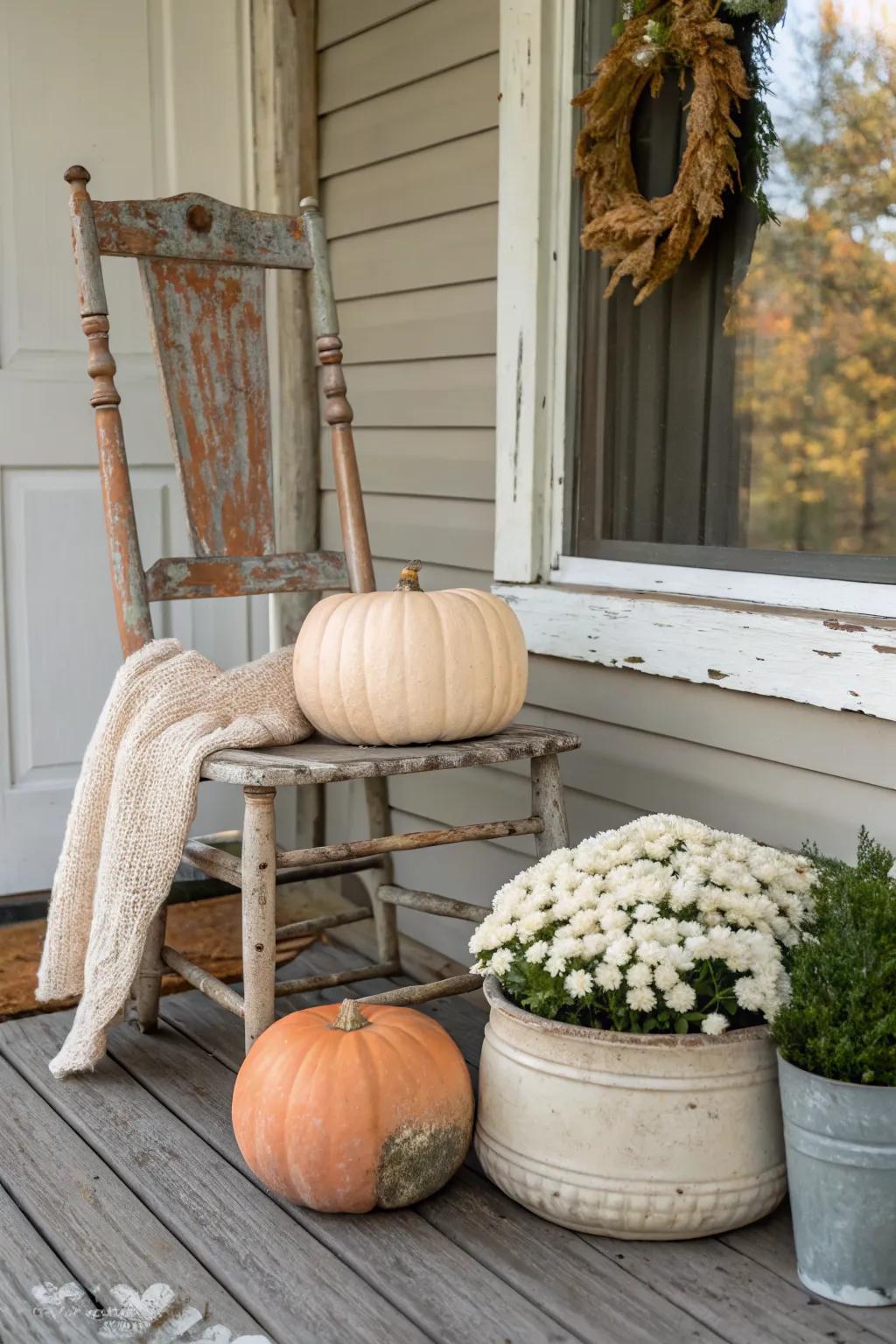 Chipped vintage chair + pumpkins and mums—an effortless country fall porch moment.