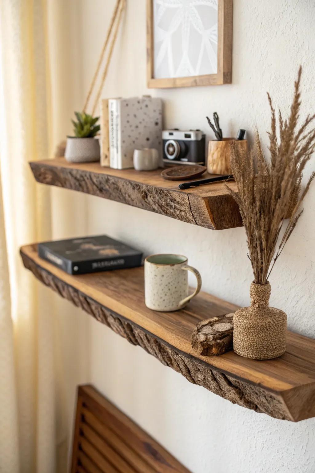 Matte live-edge shelf styling that keeps a country man cave calm, curated, and handcrafted.
