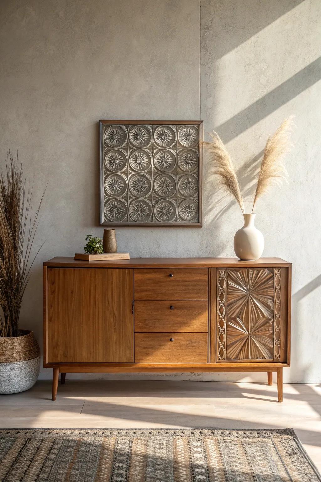 Reclaimed tin panel + warm wood trim—an effortless country accent with modern Nordic calm.