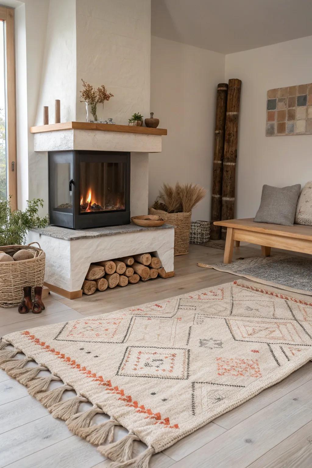 Layered rugs by the hearth add instant warmth, texture, and a cozy zone around the fire.