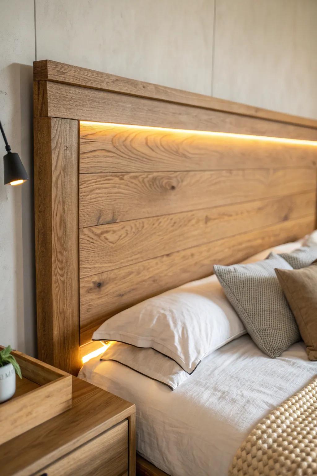 Rustic wood headboard with a hidden firelight glow—instant cozy cabin vibes at night.