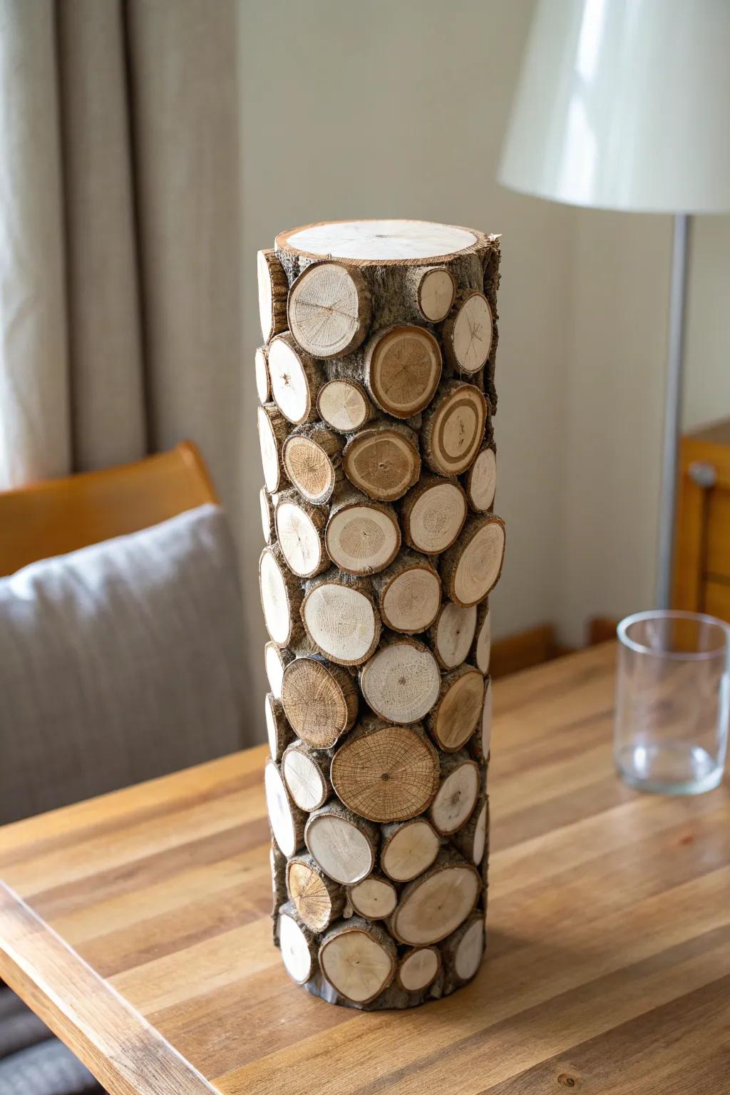 Textured wood slice vase wrap—Scandi minimal with a cozy boho, handcrafted finish.