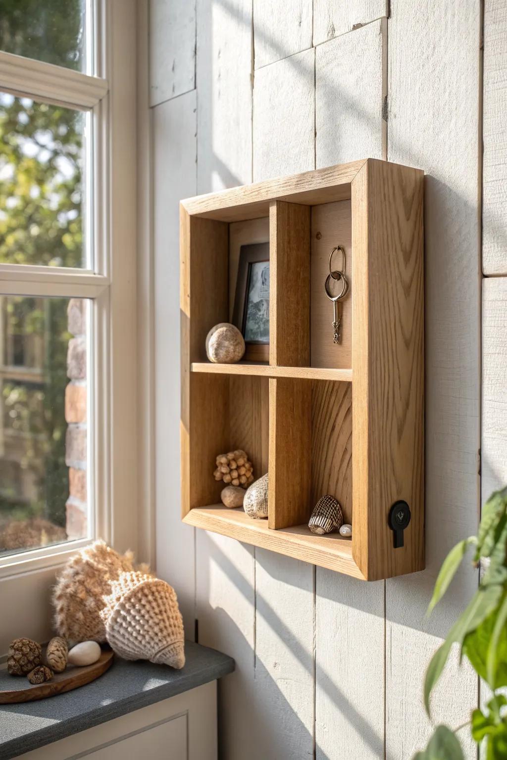 Layer a mini shadow box in a cubby to spotlight tiny shells, keys, and wood offcuts.