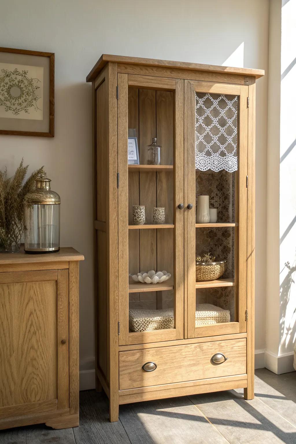Linen-lined niches make a wooden curiosity cabinet feel cozy—and elevate shells and glass.