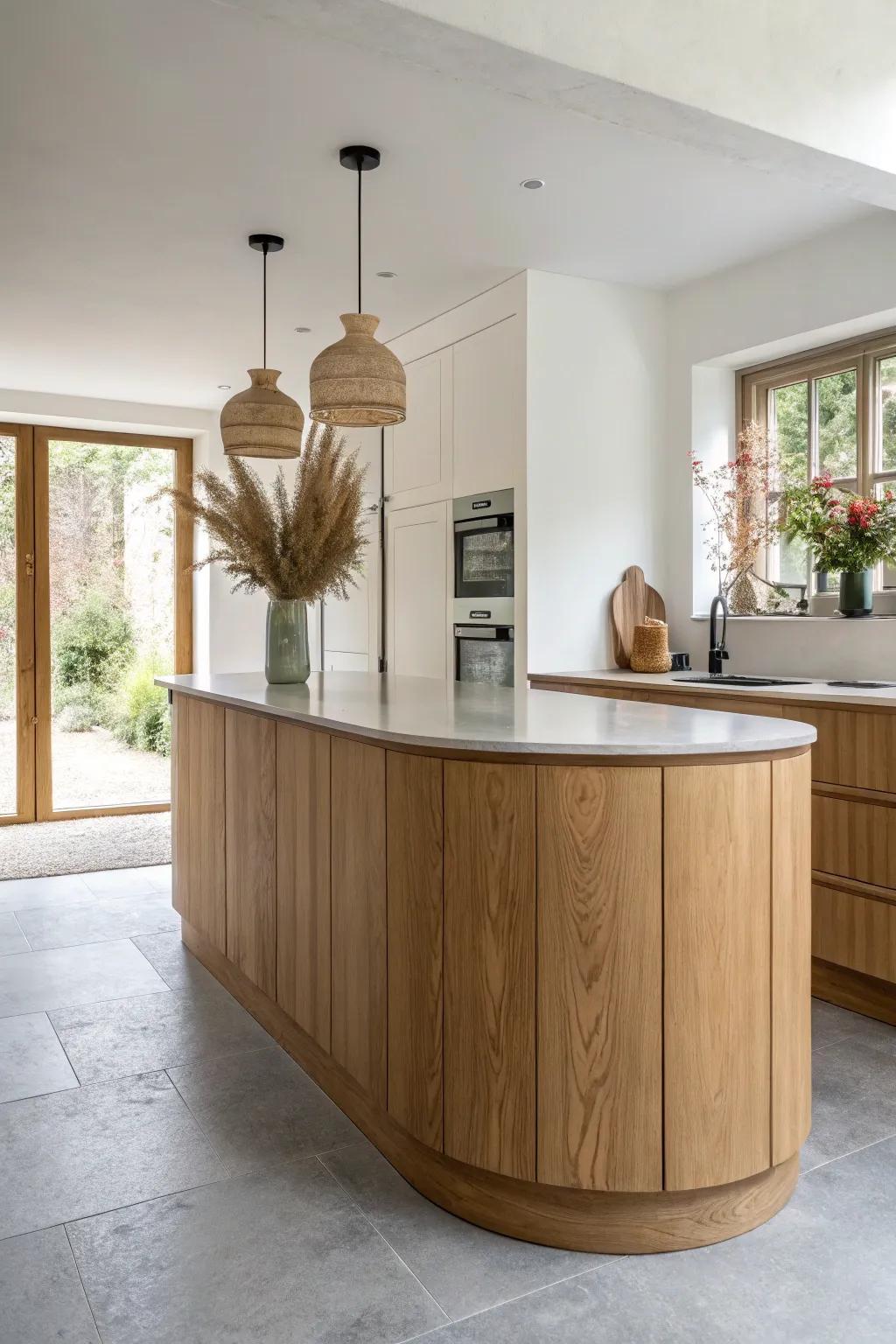 A soft-arc oak island makes tight galley kitchens feel open—no corners to catch hips or bags.