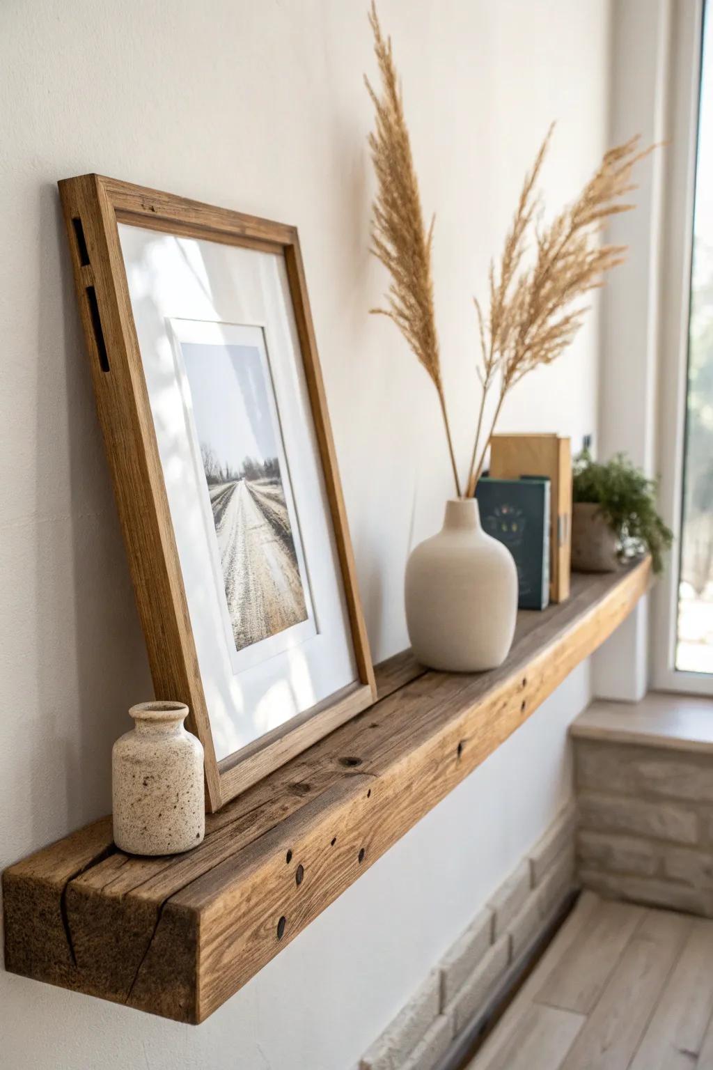 Reclaimed wood picture ledge—easy swap frames for a calm, curated gallery wall.