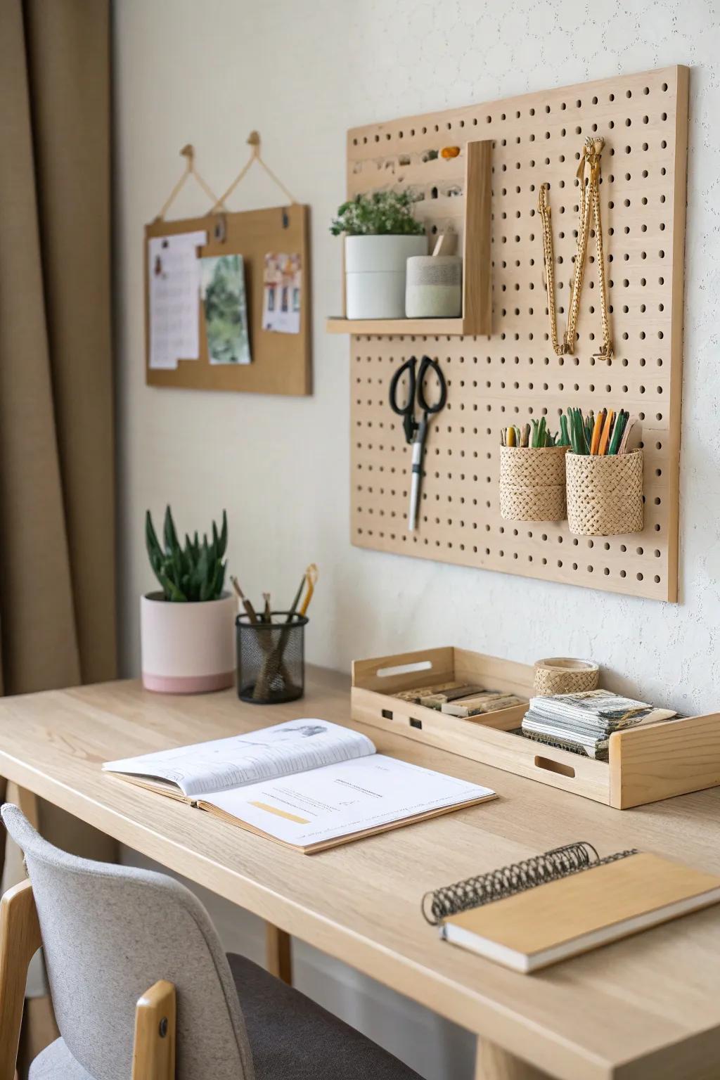 Side-mounted pegboard keeps teacher essentials off the desktop—pretty, practical, built-in look.
