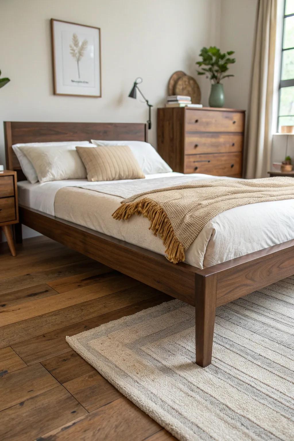 Mixed wood tones, made intentional: a dark brown bed frame grounded by warm oak and teak.