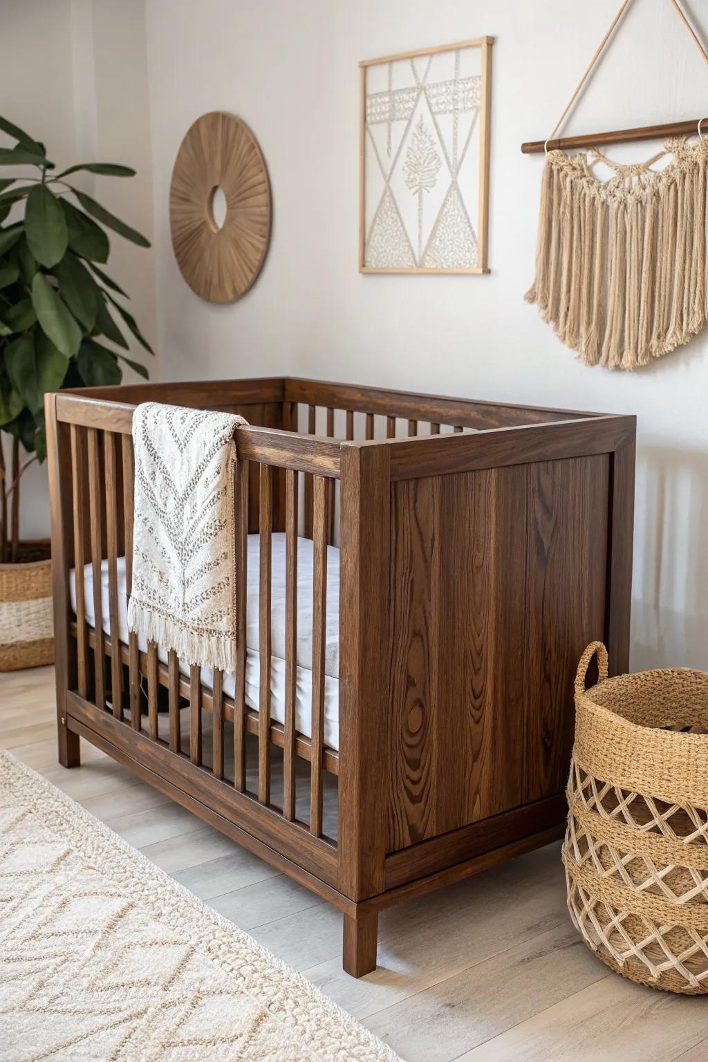 Dark brown crib, softened with woven textures—warm, airy boho details for a brighter nursery.